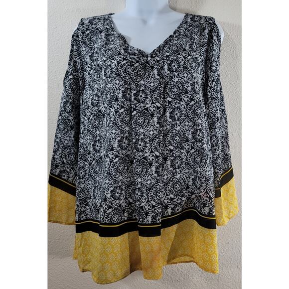 Cato Black White Yellow Floral Print Cold Shoulder Top Large Lightweight Flowy - Picture 1 of 7
